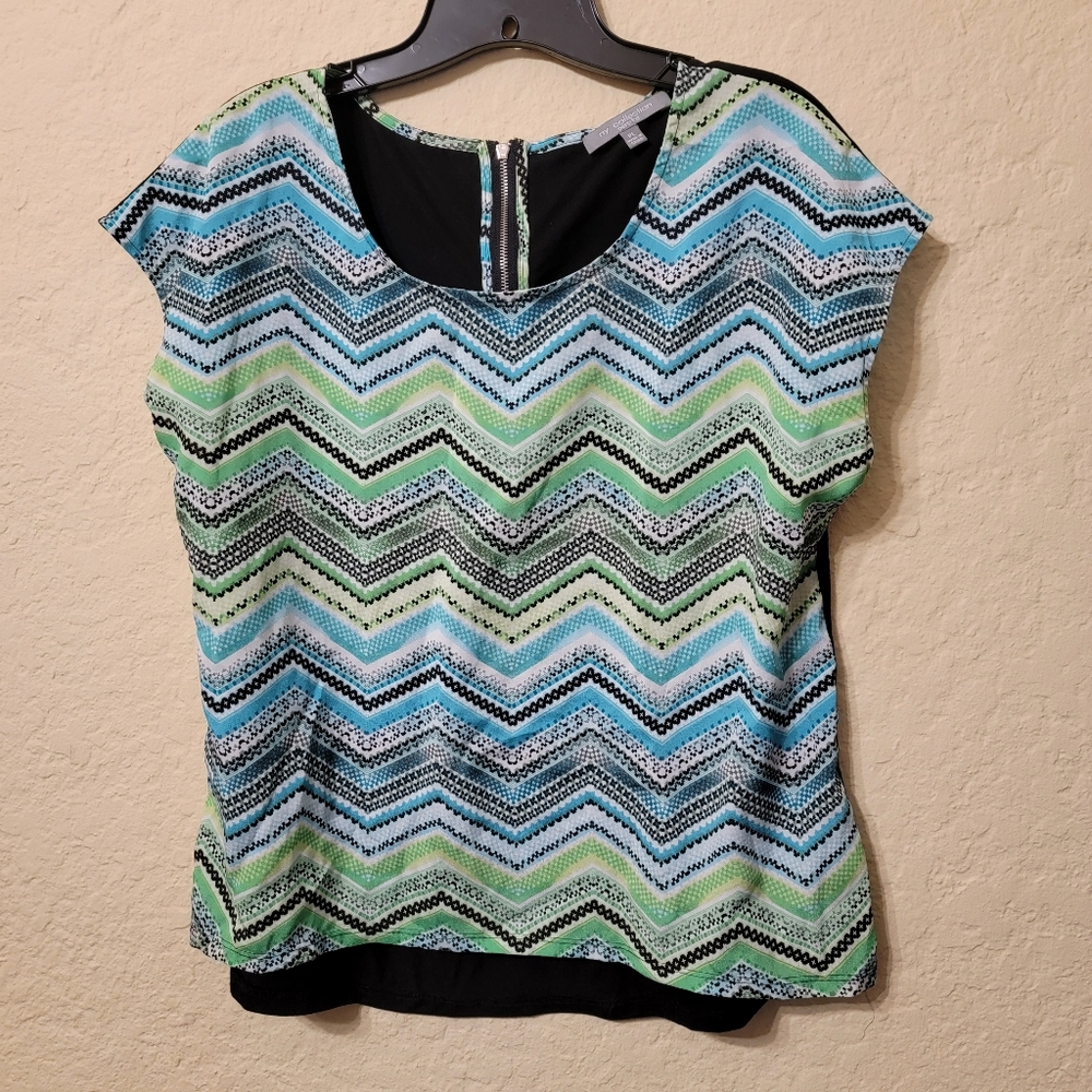 NY Collection Women's Chevron Print Mixed Media Blouse Sz PL